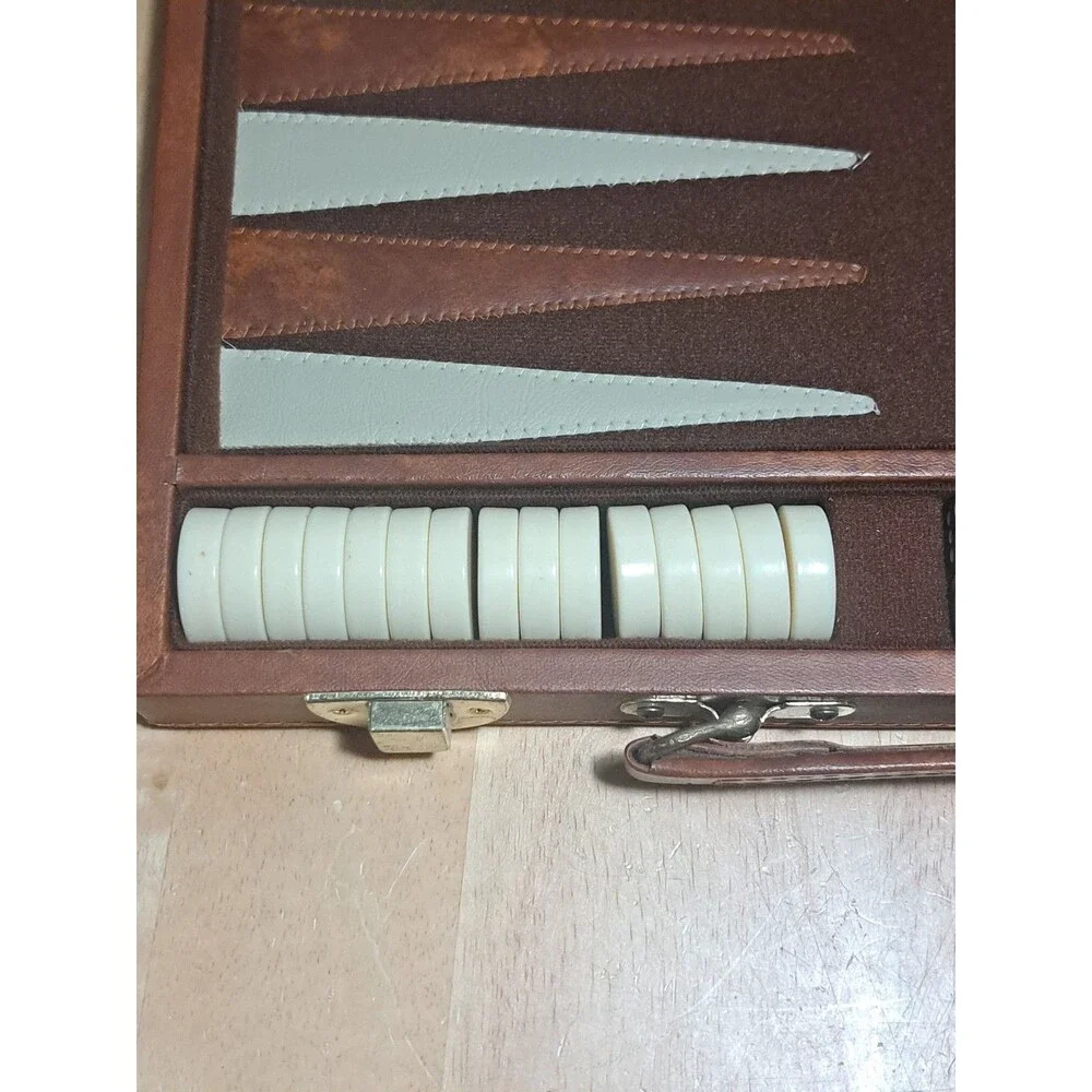 Vintage Backgammon Game Set Faux Leather Brown Case 15x10 No Instructions